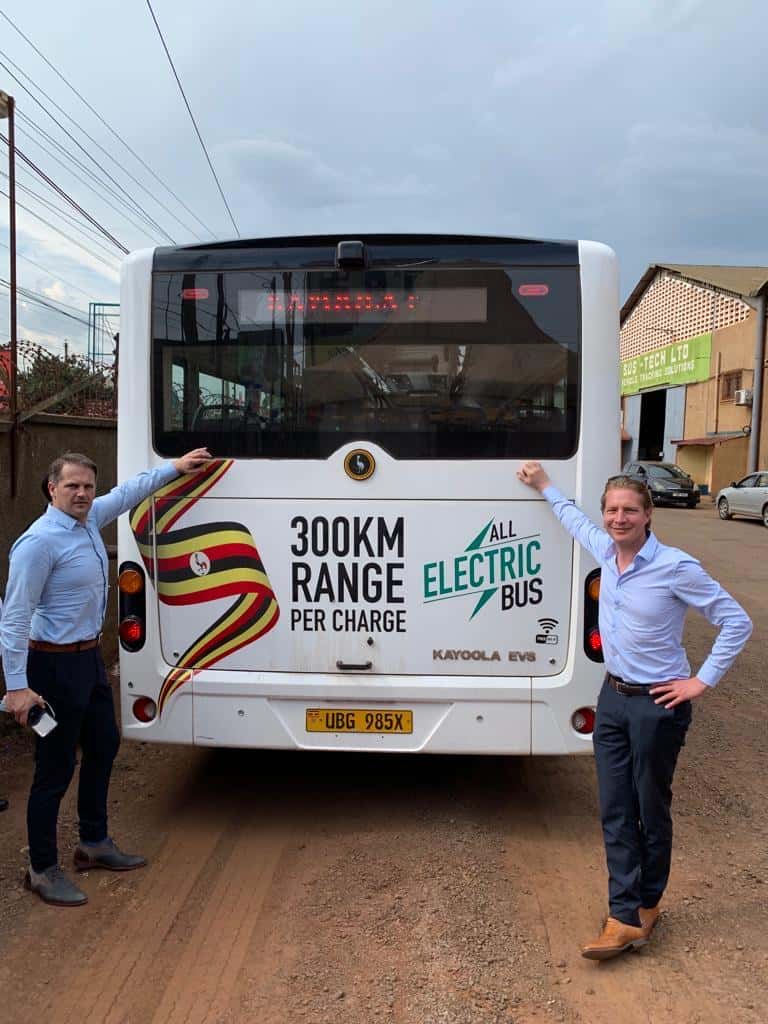 Roland Ferwerda and Bas Hoefman posing with the Kayoola EVS at Kiira motors, Uganda