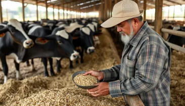 indonesian farmer inspecting feed